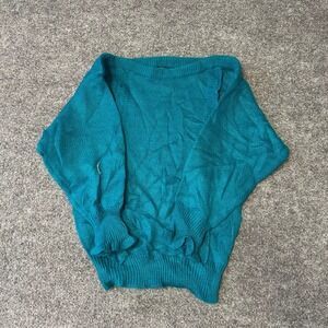 Casino Sweater Womens Size L Teal Blue Knit Boat Neck Ruffle Cuff Vintage Korea